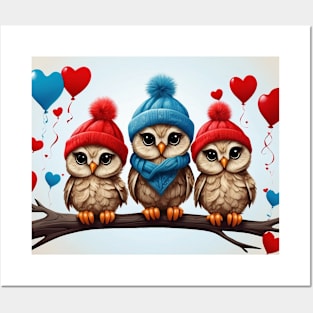 Three Owls in Woolly Hats with Heart Balloons on a Bench Posters and Art